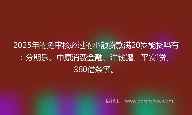 2025年的免审核必过的小额贷款满20岁能贷吗有：分期乐、中原消费金融、洋钱罐、平安i贷、360借条等。