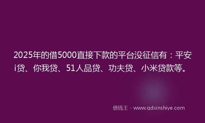 2025年的借5000直接下款的平台没征信有：平安i贷、你我贷、51人品贷、功夫贷、小米贷款等。