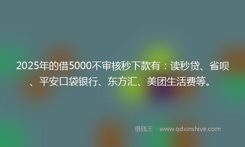 2025年的借5000不审核秒下款有：读秒贷、省呗、平安口袋银行、东方汇、美团生活费等。