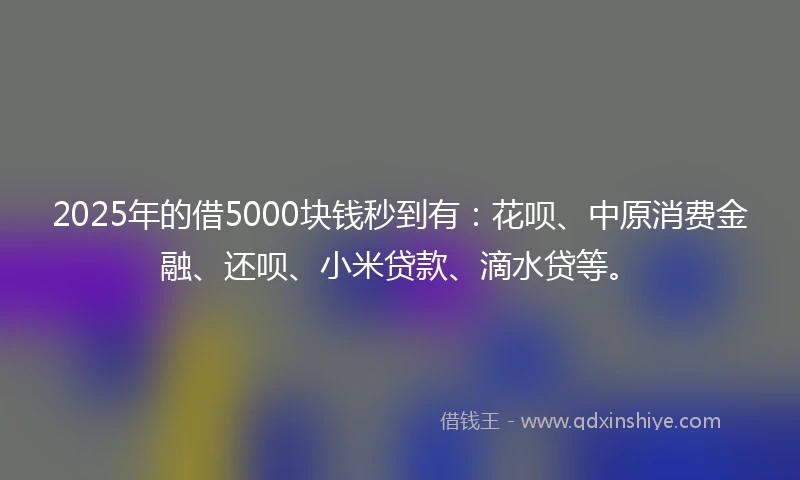 2025年的借5000块钱秒到有：花呗、中原消费金融、还呗、小米贷款、滴水贷等。