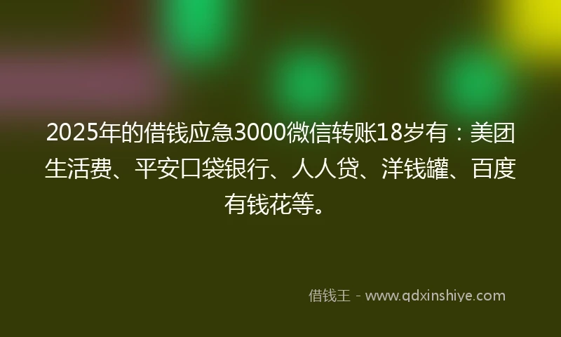 2025年的借钱应急3000微信转账18岁有：美团生活费、平安口袋银行、人人贷、洋钱罐、百度有钱花等。