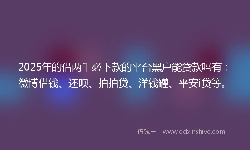 2025年的借两千必下款的平台黑户能贷款吗有：微博借钱、还呗、拍拍贷、洋钱罐、平安i贷等。
