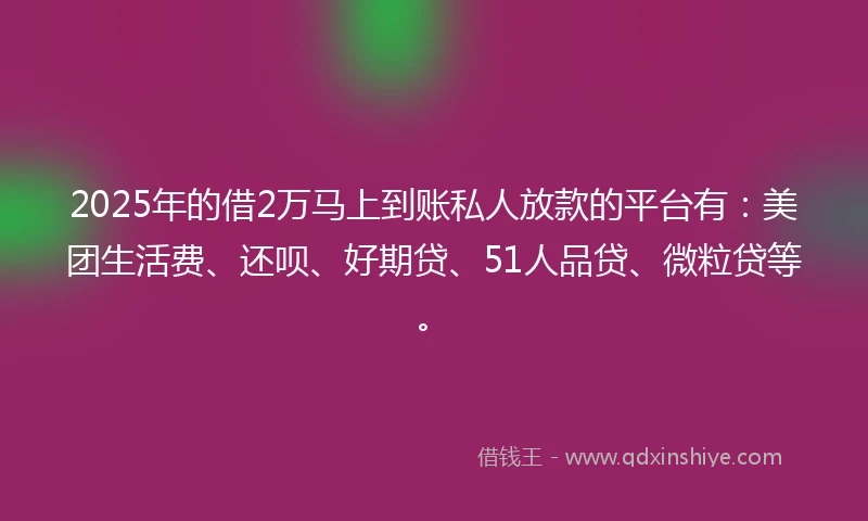 2025年的借2万马上到账私人放款的平台有：美团生活费、还呗、好期贷、51人品贷、微粒贷等。