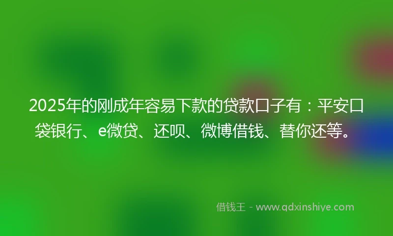 2025年的刚成年容易下款的贷款口子有：平安口袋银行、e微贷、还呗、微博借钱、替你还等。