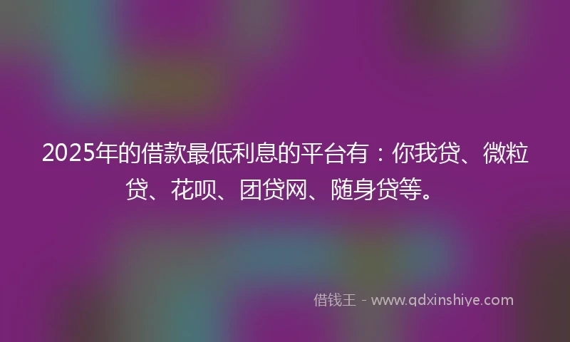 2025年的借款最低利息的平台有：你我贷、微粒贷、花呗、团贷网、随身贷等。