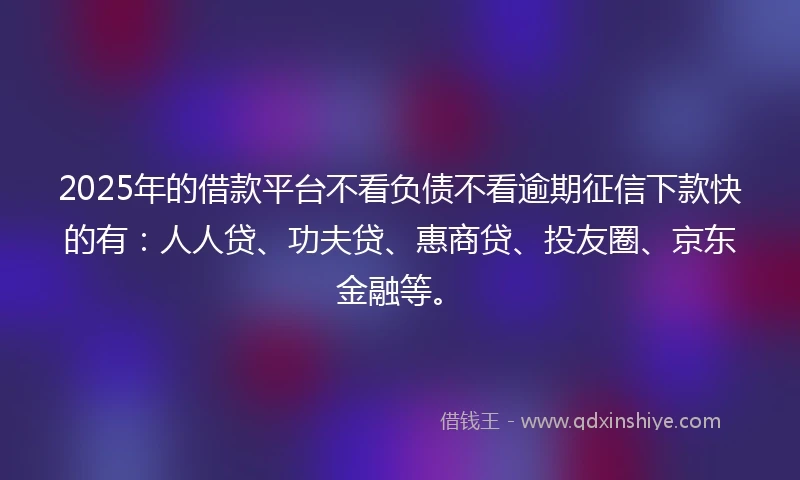 2025年的借款平台不看负债不看逾期征信下款快的有：人人贷、功夫贷、惠商贷、投友圈、京东金融等。