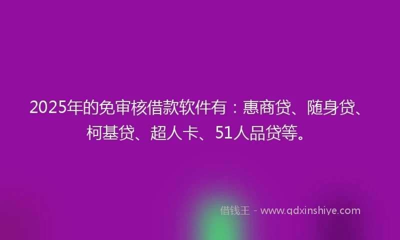 2025年的免审核借款软件有：惠商贷、随身贷、柯基贷、超人卡、51人品贷等。