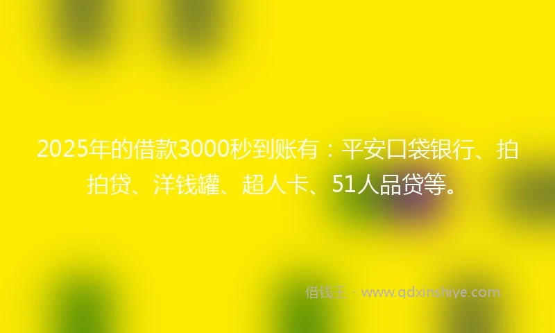 2025年的借款3000秒到账有：平安口袋银行、拍拍贷、洋钱罐、超人卡、51人品贷等。