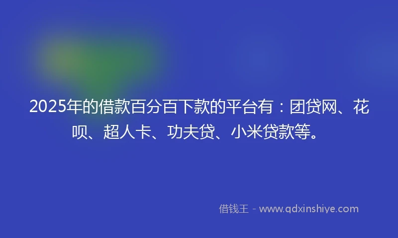 2025年的借款百分百下款的平台有：团贷网、花呗、超人卡、功夫贷、小米贷款等。
