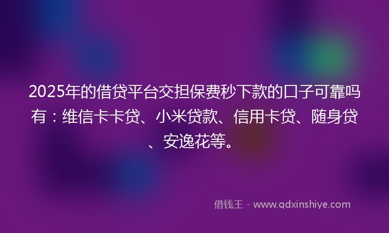 2025年的借贷平台交担保费秒下款的口子可靠吗有：维信卡卡贷、小米贷款、信用卡贷、随身贷、安逸花等。