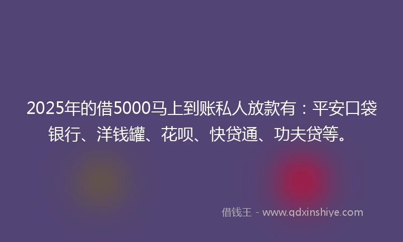 2025年的借5000马上到账私人放款有：平安口袋银行、洋钱罐、花呗、快贷通、功夫贷等。