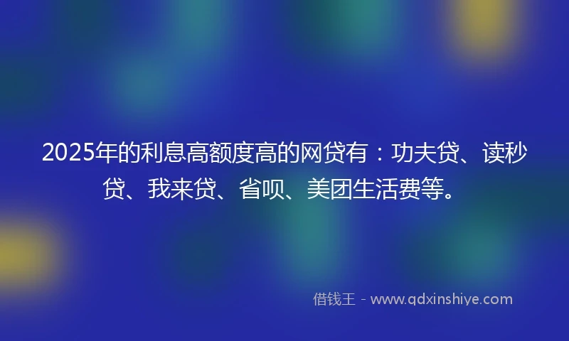 2025年的利息高额度高的网贷有：功夫贷、读秒贷、我来贷、省呗、美团生活费等。