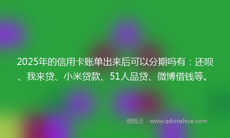 2025年的信用卡账单出来后可以分期吗有：还呗、我来贷、小米贷款、51人品贷、微博借钱等。