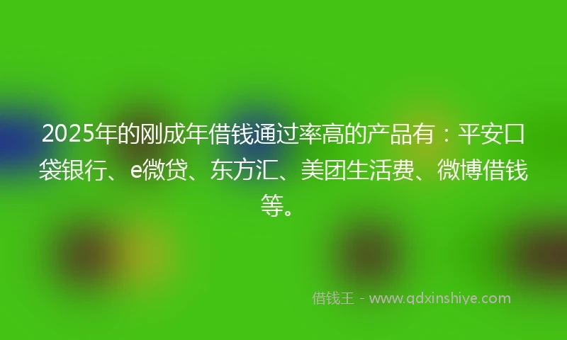 2025年的刚成年借钱通过率高的产品有：平安口袋银行、e微贷、东方汇、美团生活费、微博借钱等。