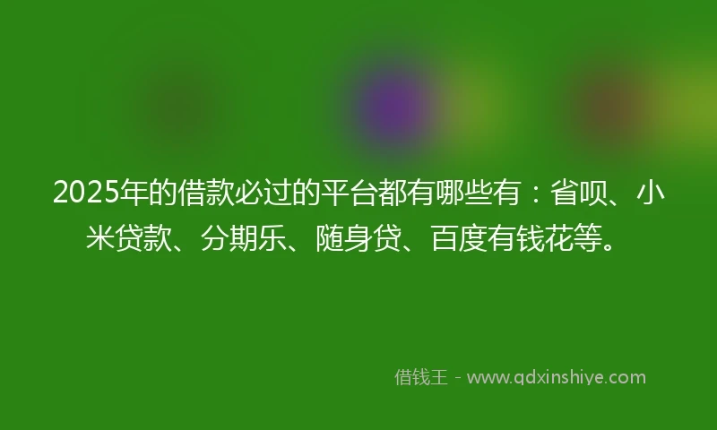 2025年的借款必过的平台都有哪些有：省呗、小米贷款、分期乐、随身贷、百度有钱花等。