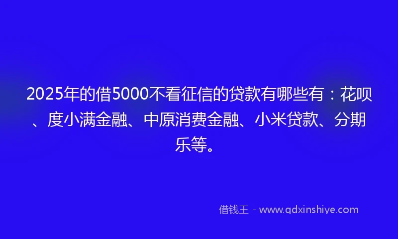 2025年的借5000不看征信的贷款有哪些有：花呗、度小满金融、中原消费金融、小米贷款、分期乐等。
