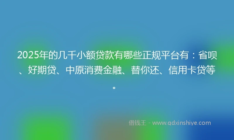 2025年的几千小额贷款有哪些正规平台有：省呗、好期贷、中原消费金融、替你还、信用卡贷等。