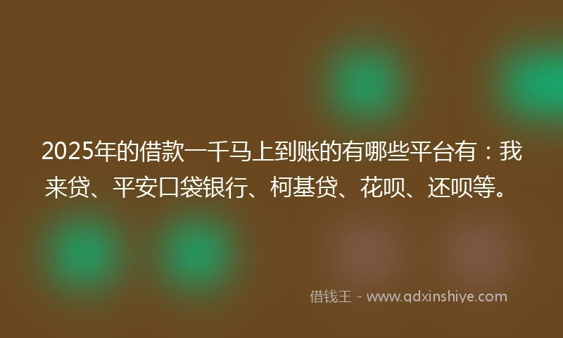 2025年的借款一千马上到账的有哪些平台有：我来贷、平安口袋银行、柯基贷、花呗、还呗等。
