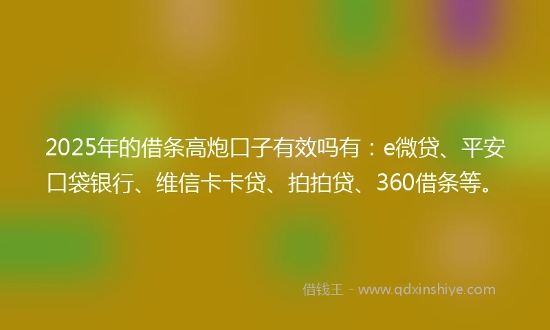 2025年的借条高炮口子有效吗有：e微贷、平安口袋银行、维信卡卡贷、拍拍贷、360借条等。