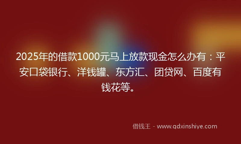 2025年的借款1000元马上放款现金怎么办有：平安口袋银行、洋钱罐、东方汇、团贷网、百度有钱花等。