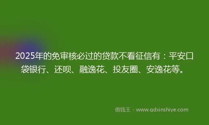 2025年的免审核必过的贷款不看征信有：平安口袋银行、还呗、融逸花、投友圈、安逸花等。