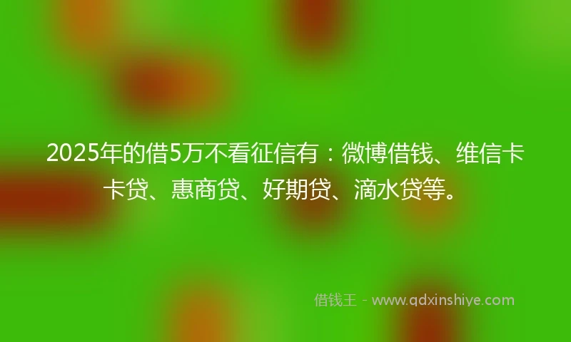 2025年的借5万不看征信有：微博借钱、维信卡卡贷、惠商贷、好期贷、滴水贷等。