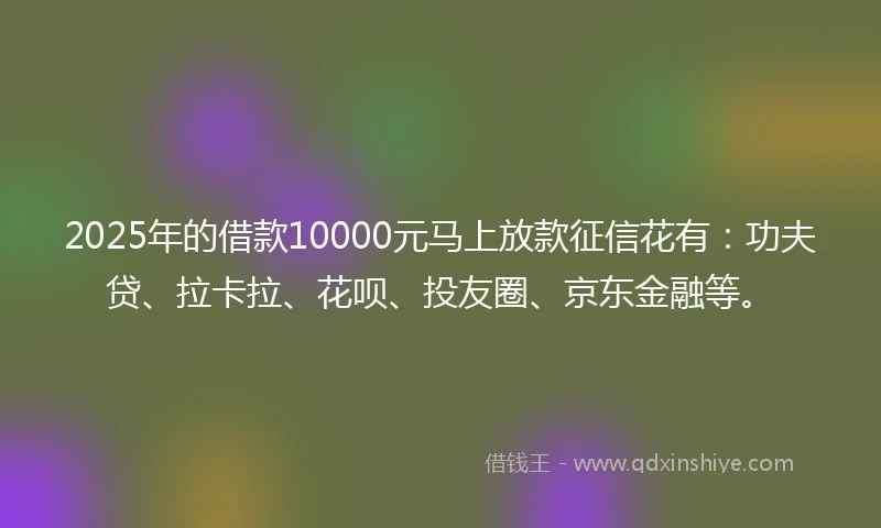 2025年的借款10000元马上放款征信花有：功夫贷、拉卡拉、花呗、投友圈、京东金融等。
