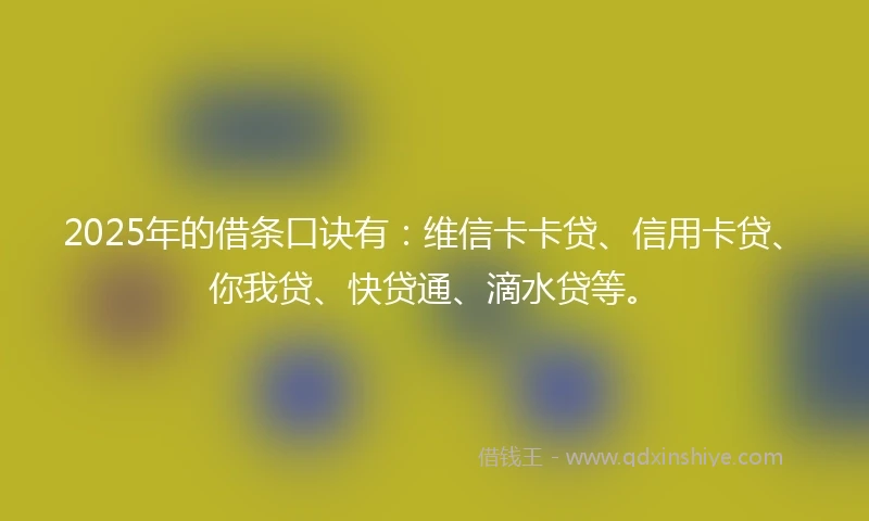 2025年的借条口诀有：维信卡卡贷、信用卡贷、你我贷、快贷通、滴水贷等。