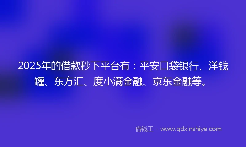 2025年的借款秒下平台有：平安口袋银行、洋钱罐、东方汇、度小满金融、京东金融等。