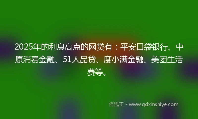 2025年的利息高点的网贷有：平安口袋银行、中原消费金融、51人品贷、度小满金融、美团生活费等。