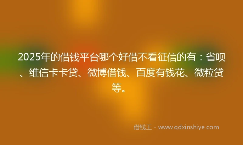 2025年的借钱平台哪个好借不看征信的有：省呗、维信卡卡贷、微博借钱、百度有钱花、微粒贷等。