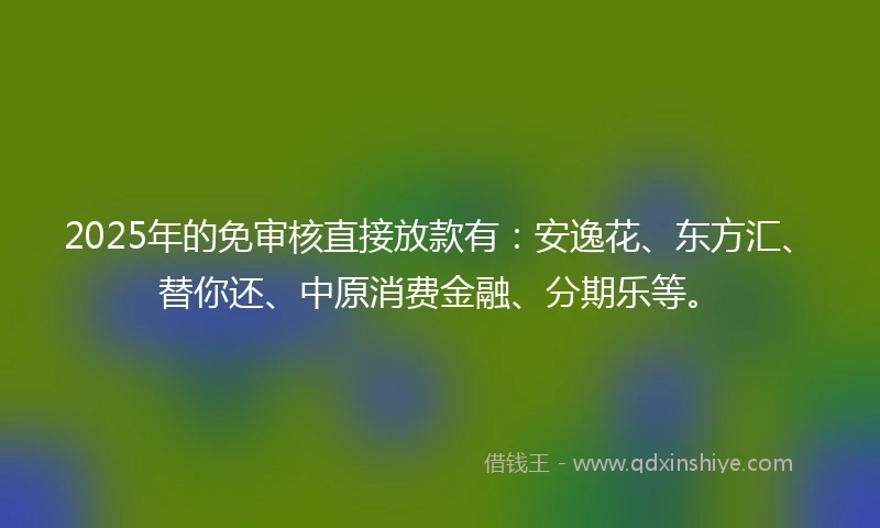 2025年的免审核直接放款有：安逸花、东方汇、替你还、中原消费金融、分期乐等。