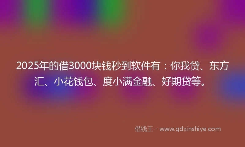 2025年的借3000块钱秒到软件有：你我贷、东方汇、小花钱包、度小满金融、好期贷等。