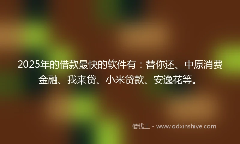 2025年的借款最快的软件有：替你还、中原消费金融、我来贷、小米贷款、安逸花等。