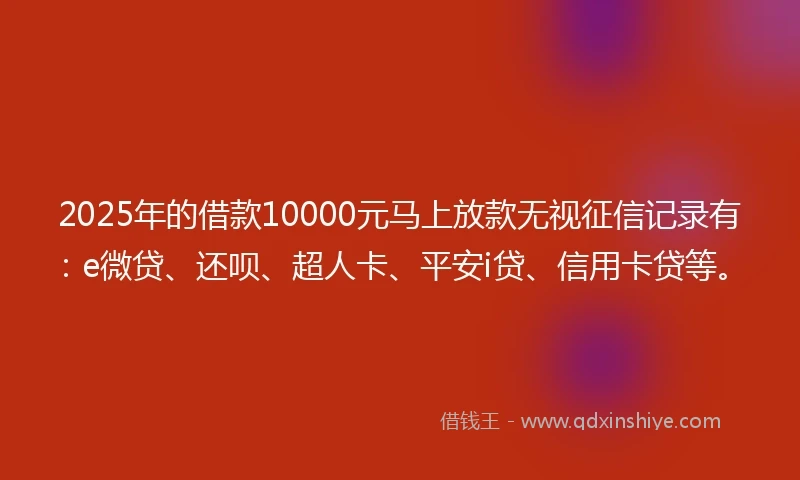 2025年的借款10000元马上放款无视征信记录有：e微贷、还呗、超人卡、平安i贷、信用卡贷等。