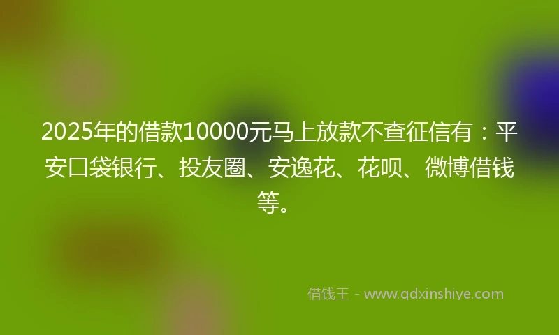 2025年的借款10000元马上放款不查征信有：平安口袋银行、投友圈、安逸花、花呗、微博借钱等。