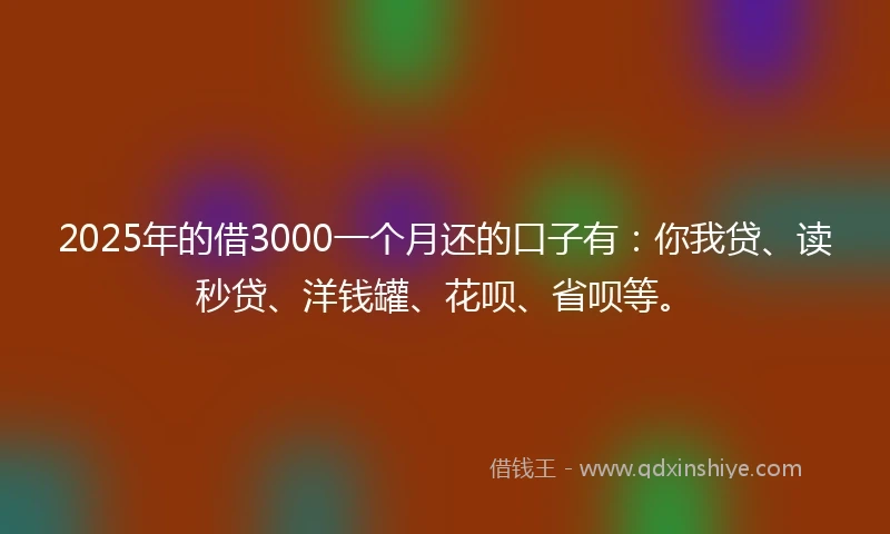 2025年的借3000一个月还的口子有：你我贷、读秒贷、洋钱罐、花呗、省呗等。