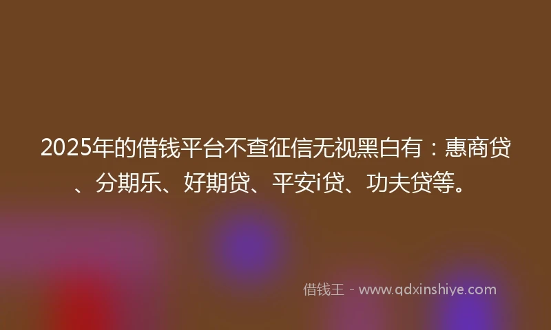 2025年的借钱平台不查征信无视黑白有：惠商贷、分期乐、好期贷、平安i贷、功夫贷等。