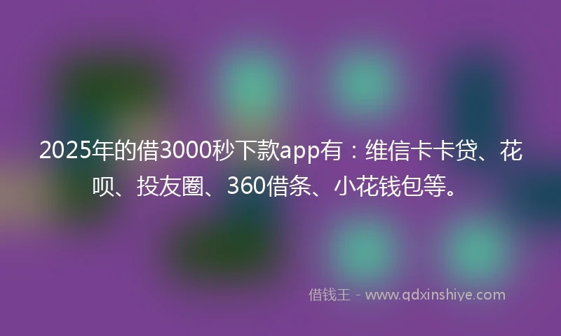 2025年的借3000秒下款app有：维信卡卡贷、花呗、投友圈、360借条、小花钱包等。