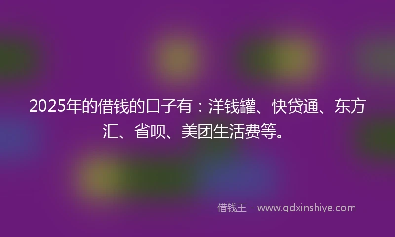 2025年的借钱的口子有：洋钱罐、快贷通、东方汇、省呗、美团生活费等。