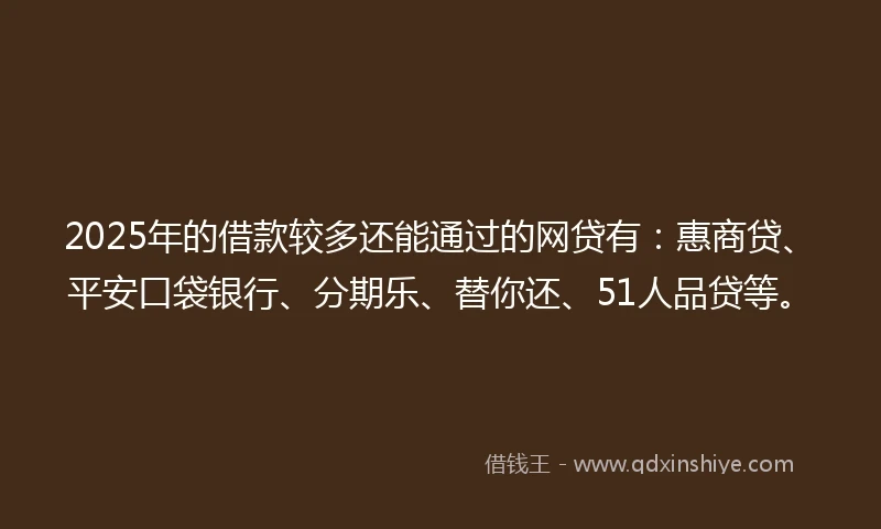 2025年的借款较多还能通过的网贷有：惠商贷、平安口袋银行、分期乐、替你还、51人品贷等。