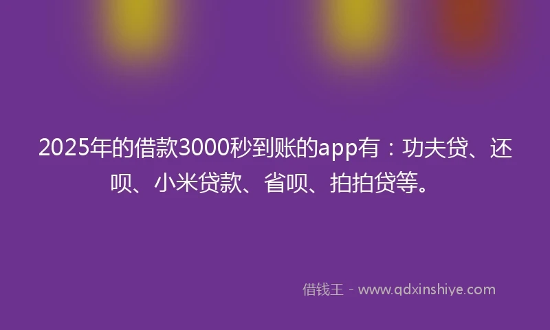 2025年的借款3000秒到账的app有：功夫贷、还呗、小米贷款、省呗、拍拍贷等。