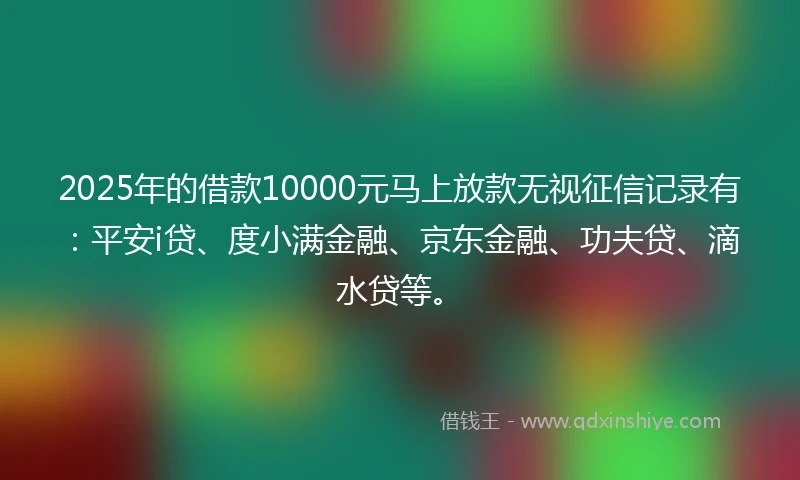 2025年的借款10000元马上放款无视征信记录有：平安i贷、度小满金融、京东金融、功夫贷、滴水贷等。