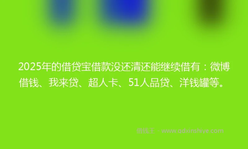 2025年的借贷宝借款没还清还能继续借有：微博借钱、我来贷、超人卡、51人品贷、洋钱罐等。