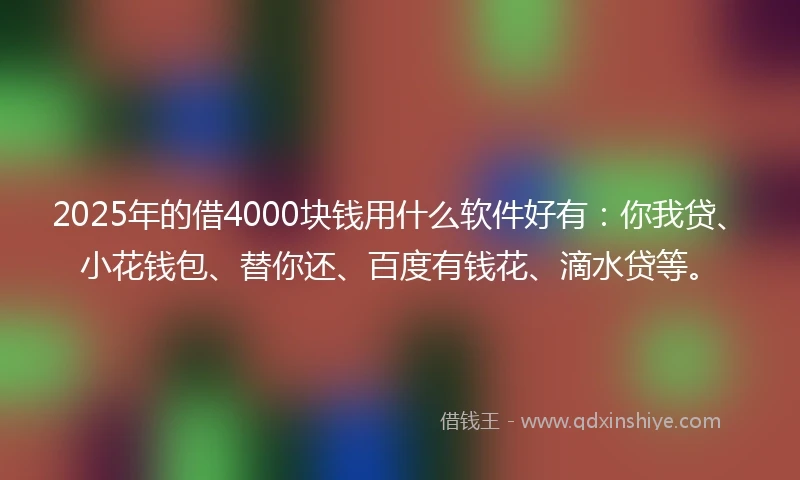 2025年的借4000块钱用什么软件好有：你我贷、小花钱包、替你还、百度有钱花、滴水贷等。