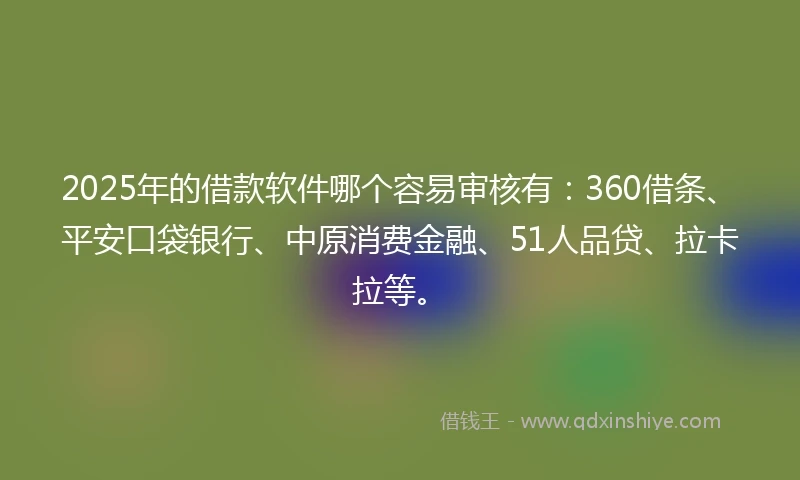 2025年的借款软件哪个容易审核有：360借条、平安口袋银行、中原消费金融、51人品贷、拉卡拉等。