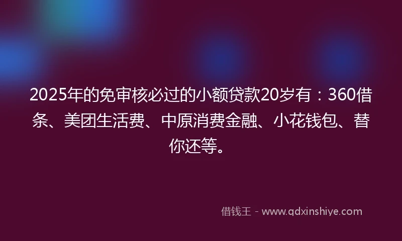 2025年的免审核必过的小额贷款20岁有：360借条、美团生活费、中原消费金融、小花钱包、替你还等。