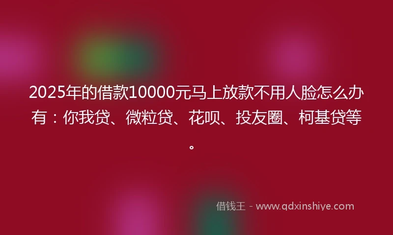 2025年的借款10000元马上放款不用人脸怎么办有：你我贷、微粒贷、花呗、投友圈、柯基贷等。