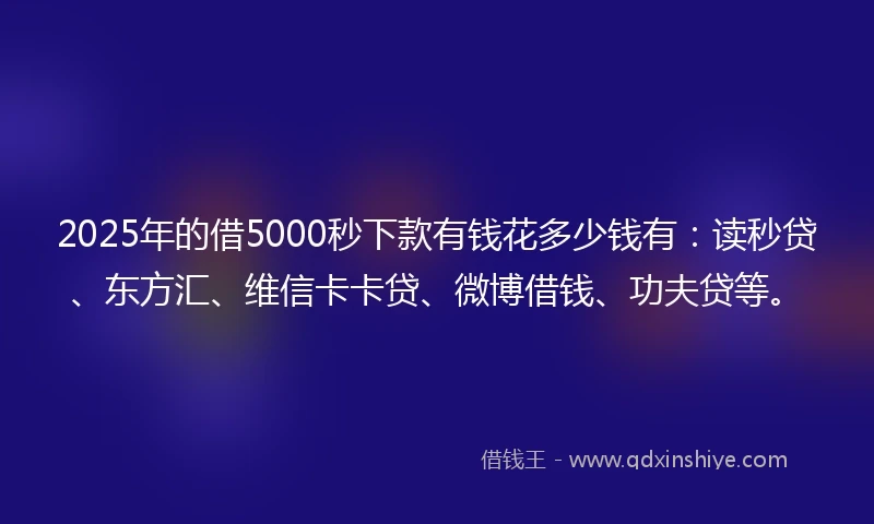 2025年的借5000秒下款有钱花多少钱有：读秒贷、东方汇、维信卡卡贷、微博借钱、功夫贷等。