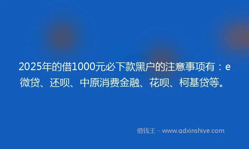 2025年的借1000元必下款黑户的注意事项有：e微贷、还呗、中原消费金融、花呗、柯基贷等。